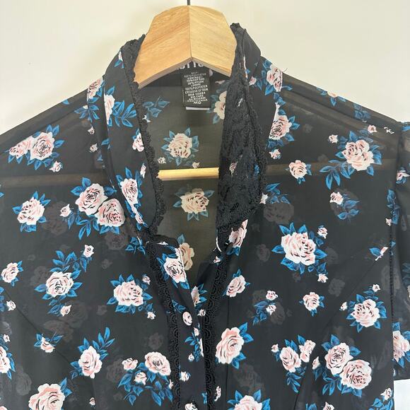 Hot Topic Floral Button-Down Black Chiffon Lace Collar Mini Dress Womens Size M - Picture 8 of 15